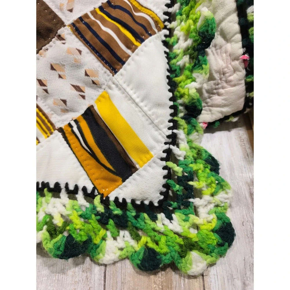 Handmade Patchwork Quilt Oversized 115x90 Multi Color Crochet Border Vintage